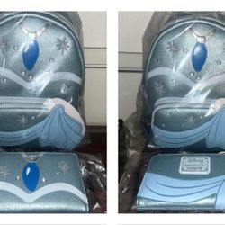 LOUNGEFLY The Princess & The Frog Tiana Blue Gown Glitter Cosplay Mini Backpack & Wallet SET (NWT) 