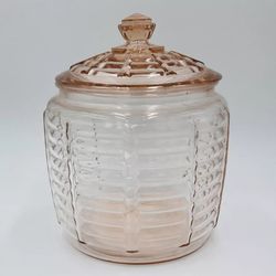 Anchor Hocking Pink Panelled And Ribbed Depression Glass Lidded Cookie Jar