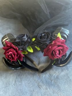 Black ram horn headband with roses and veil