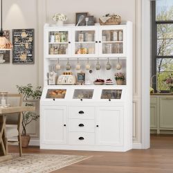 Large White Kitchen Pantry Cabinet with Glass Doors & Drawers