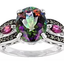 JTV Mystic Fire Green Topaz Rhodolite Sterling Silver Ring SZ 9.75 / 10 4.11CTW 4g ‼️ $79 On eBay ‼️ Price Is FIRM  ‼️