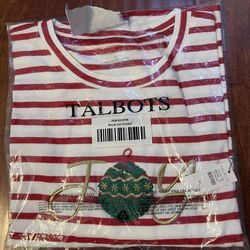 Talbots Embroidered Christmas Bauble Joy Shirt XL Red White Striped NWT