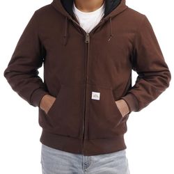 Men's Loose Fit Quilted Flannel Lined Workwear Waterproof Active Jacket Hooded Work Coat
