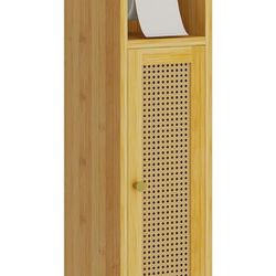 Small Bathroom Storage Cabinet, Bamboo Bathroom Floor Cabinet with Rattan Door and Golden Knob, Corner Bathroom Cabinet Freestanding