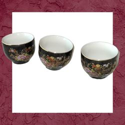 3 MCI Vintage Japanese Black w Gold Trim Flowers Peacocks Cups 