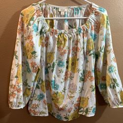 Anna Yellow Orange & Blue Floral Boho Peasant Blouse - L
