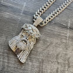 Brand New Iced Out CZ Jesus Pendant Cuban Link Necklace