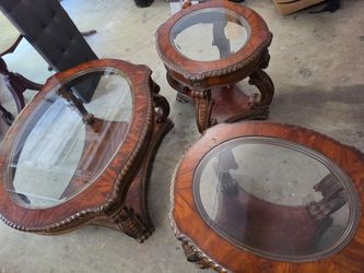 3-Piece Carved Wood Glass Top Table Set