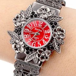 Antique Retro Embossed Flower Bracelet Quartz Watch RED/BLACK