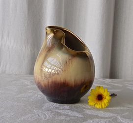 Vintage Mid Century 1950s Free Form Pottery Vase Sculpture, Germany with Gold Lip Accent