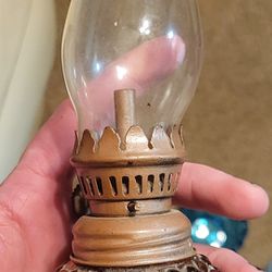 Vintage Old Cut Color Glass Oil Kerosene Lamp Light With Chimney & Burner
