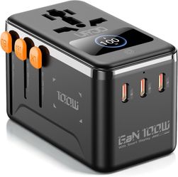 GaN 100W Universal Travel Adapter with Display for 200+ Countries | 3 USB C 1 USB A, 2500W AC Outlet, Compatible for MacBook, iPhone, Laptop and More,