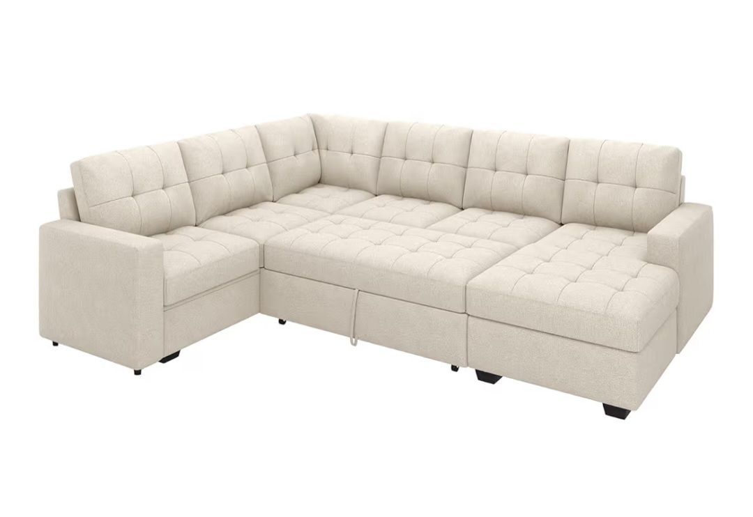 *HONBAY U-Shaped Sleeper Sectional Pull Out Bed Storage Chaise Beige - Austell 30106*
