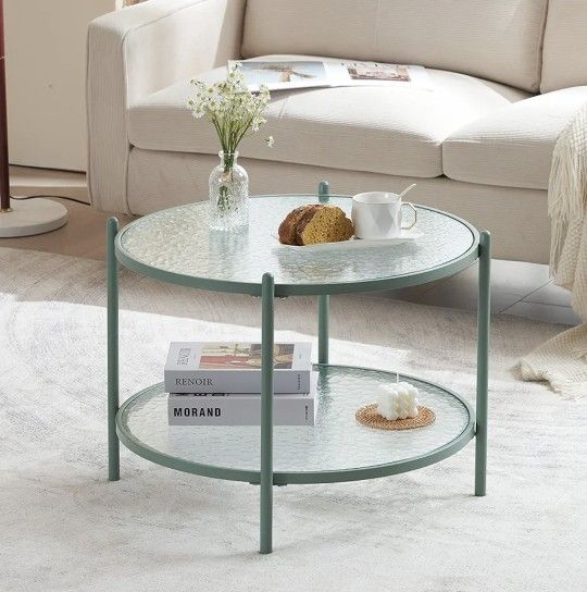  25.6" Small Light Bright Green Round Coffee Table Water-Wave Glass Circle Clear Center Coffee Table with 2-Tier Modern Storage Design for Living Room