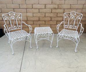 White Wrought Iron Patio Chairs and Side Table Set