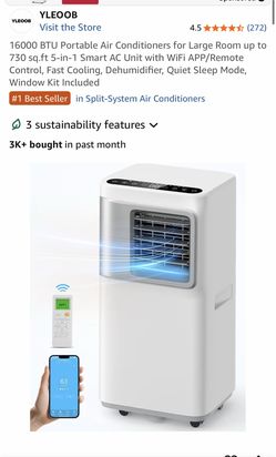 16000 BTU Portable Air Conditioners for Large Room up to 730 sq.ft 5-in-1 Smart AC Unit with WiFi APP/Remote Control, Fast Cooling, Dehumidifier, Quie