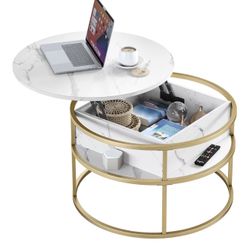 Round Lift-Top Coffee Table with Storage – White & Gold