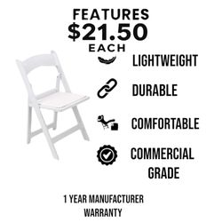Brand New White Resin Chairs – $21.50 Each | 1102 Lbs Capacity | 1-Year Warranty Wholesale Price