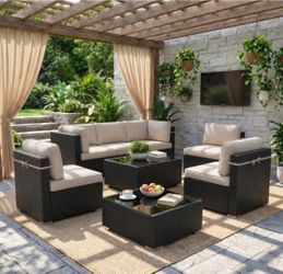 8 Pieces Patio Furniture Set, Black Rattan Modular Sectional Patio Conversation Sofa Set
