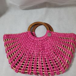 Vintage The SAK Pink Woven Straw Tote Bag With Wood Handles Summer Purse
