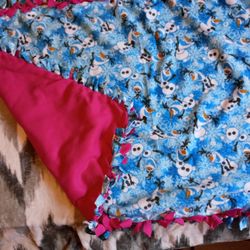 1 Yard Baby Girl Olaf Tie Blanket With a Pink Background