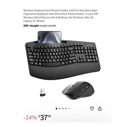 Brand new Wireless Keyboard and Mouse Combo, 2.4G Full Size Wave Keys Ergonomic Keyboard with Wrist Rest, Phone Holder, 3-Level DPI Wireless Silent Mo