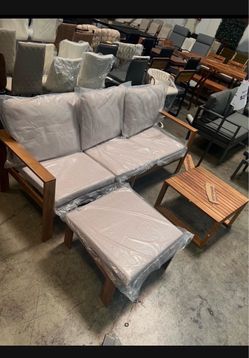 New 3pcs Outdoor Patio 77" Acacia Wood Sectional Sofa Table Ottoman