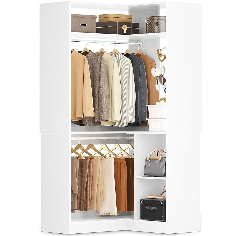 Corner Closet System With Shelves, 34'' Organizer With Hanging Rods, Wood Walk-in for Small Space, Freestanding Tower, L Shaped Garment Rack,