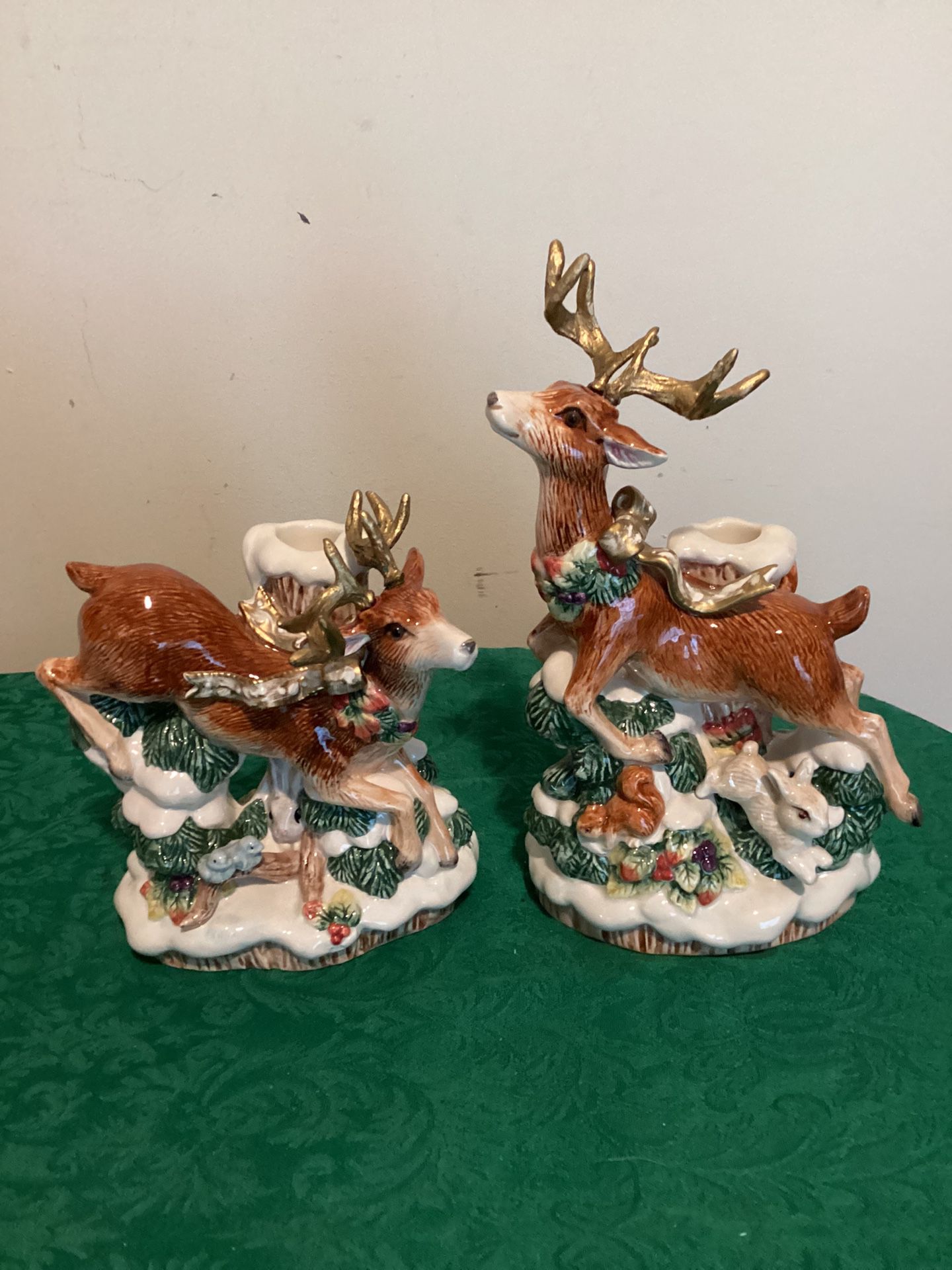 1996 Vintage Fitz & Floyd Snowy Woods Reindeer Candle Holder Set Rare