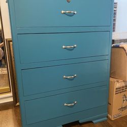 Solid Wood Dresser- Refinished In A Coastal Blue/Teal Color! 4 Large Drawers That Are Lined With A Marble Look Paper! Super Clean!