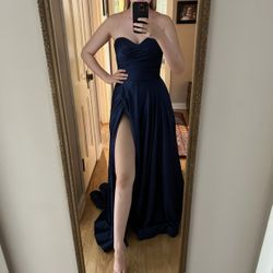 La Femme Strapless Slit satin Prom Dress