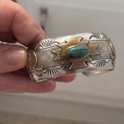 Sterling silver and 12 karat gold fill Navajo turquoise cuff bracelet 