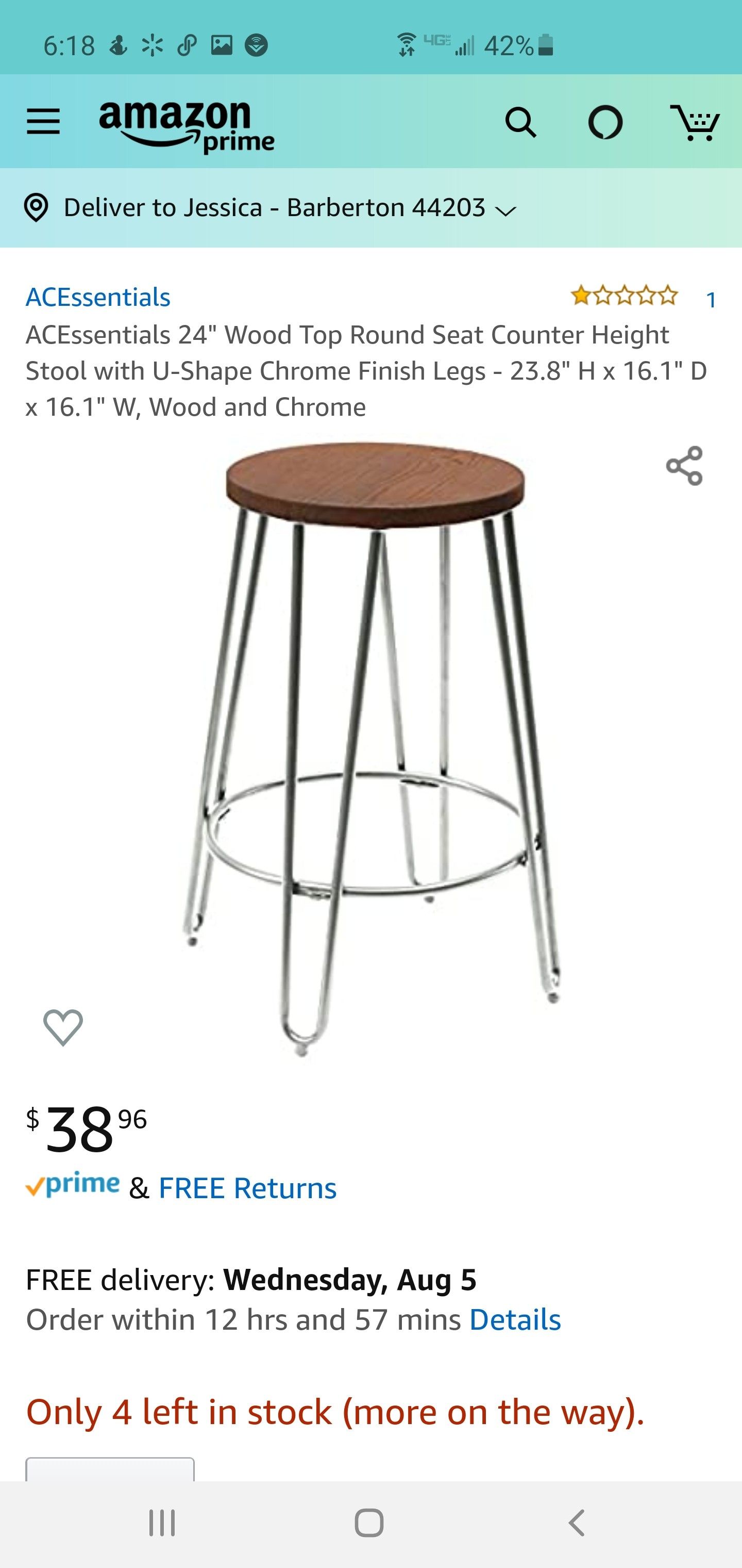 ACEssentials 24" Wood Top Round Seat Counter Height Stool with U-Shape Chrome Finish Legs - 23.8" H x 16.1" D x 16.1" W, Wood and Chrome