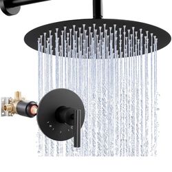 KES High Pressure 12 Inch Black Rain Shower Head System, Pressure Balanced Valve Included, Bathroom Shower Faucet With Valve, Single Handle Shower Val