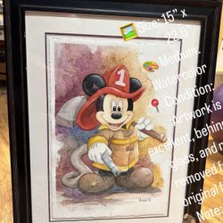ORIGINAL Mickey Mouse Fireman Watercolor. Listed Disney Artist!