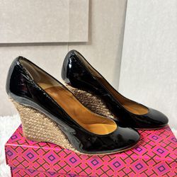 LANVIN  Paris Black Patent Leather Woven Straw Wedge Women's Size EU 35/US 5 