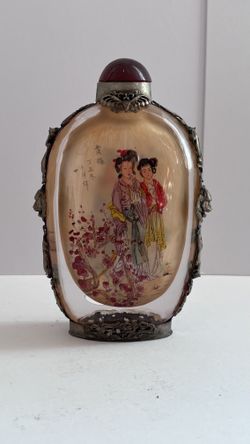 Old Chinese reverse pained glass and silver filigree snuff bottle 6.5"