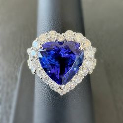 PT900 Platinum 6.17Ct Natural Tanzanite 1.79CTW Diamond Heart Engagement Ring sz 7.25