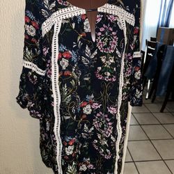 FLORAL BELL SLEEVE DRESS, NAVY MIX