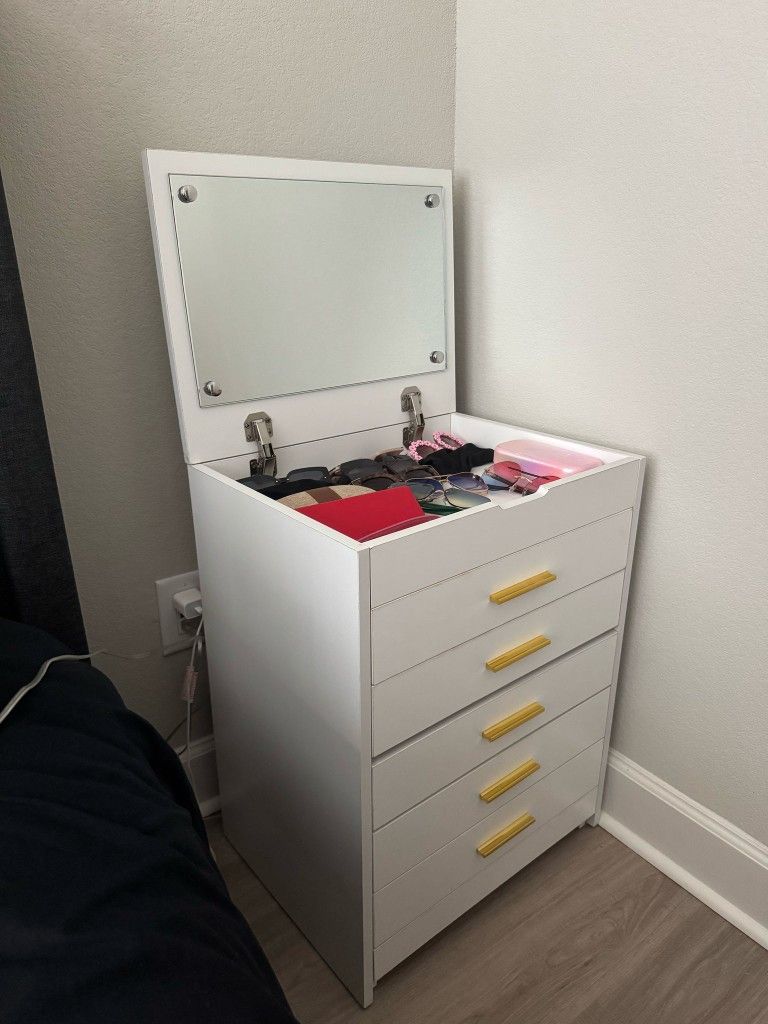 Modern Vanity Dresser with Built-In Seat + Feather Lamp - Great Condition!