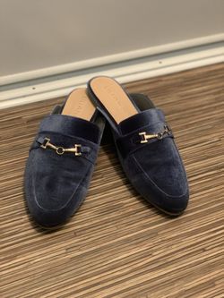 Blue velvet flat mules