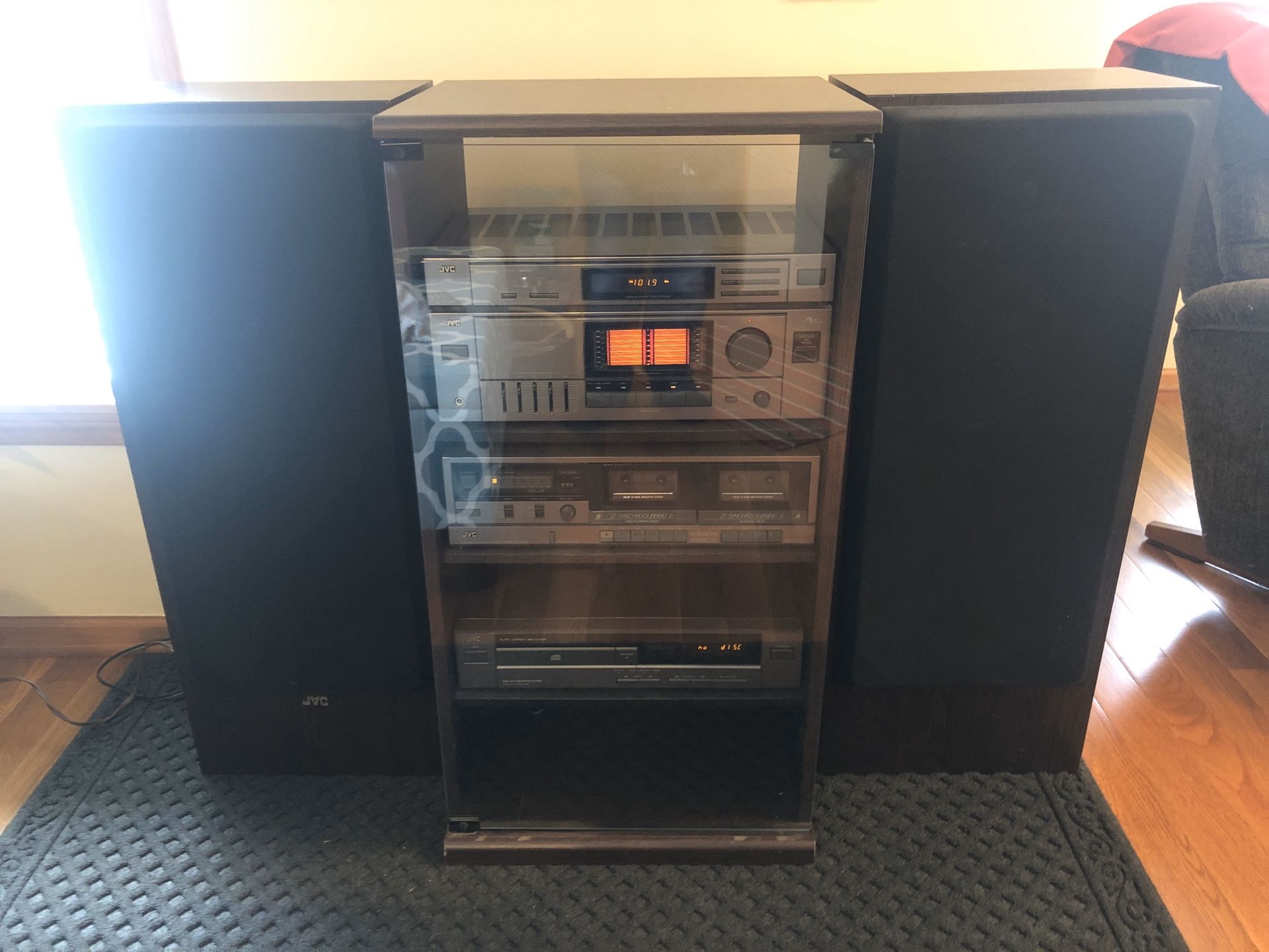 Vintage 1992 JVC Stereo System w/console, CD Player, Dual Cassette Player, AM/FM Stereo Receiver w/Remote! 2-36” Tower Speakers Included!! Excellent