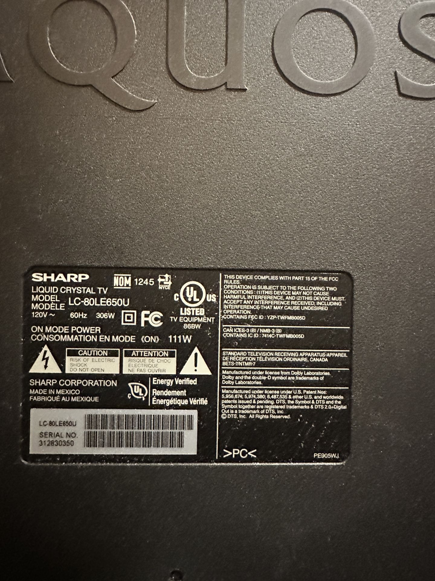 Used Sharp LC-80LE650U 80-Inch Aquos HD 1080p 120Hz Smart LED TV (2014 Model)