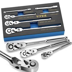 6-Piece Flex Head Ratchet Set, 1/4", 3/8", 1/2" Drive, Swivel Head Ratchet Wrench with Extension Bar, 72 Tooth, 180° Adjustable, Quick-Release, Flexib