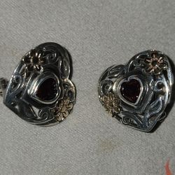 Retired 14K Floral SS Heart With Garnet French Clips
