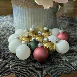 Christmas Ornaments MINI  GLASS BALLS  1.5” White, Gold, Green, Mauve Lot/15