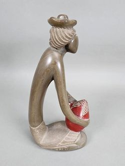 Hand Carved African Stone Sculpture Signed Woman Holding Vessel Cameroon Haiti