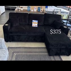 2-pc Sectional Sofa W/ Pullout Bed & Storage Black Corduroy