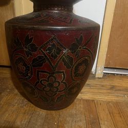 Kashmiri Indo-Raj Red Hand-Painted Metal Jar Vessel
