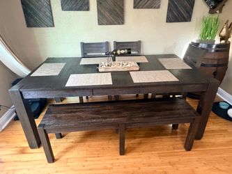 Dark Wood Dining Table Set with Bench and Chairs
